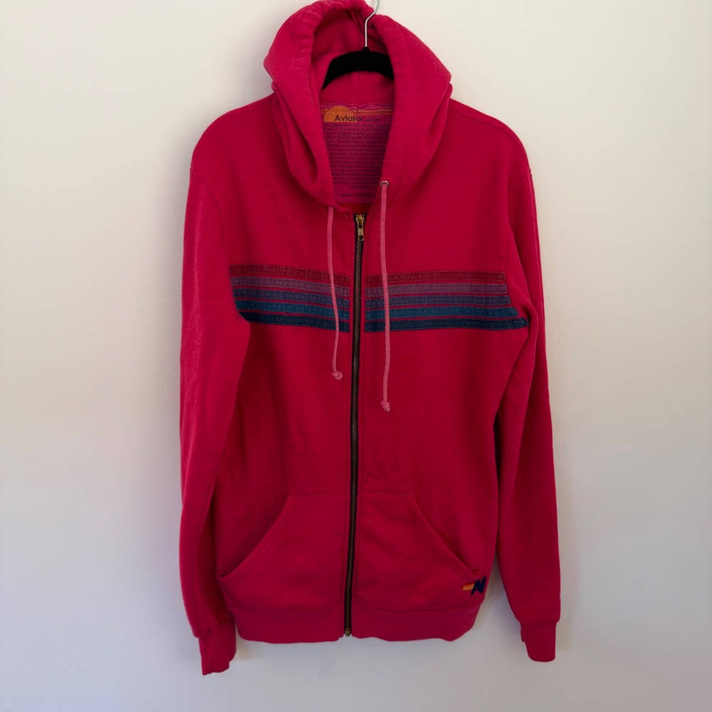 Aviator Nation 5-Stripe Zip Up Hoodie Pink Blue Stripe Sweatshirt Size L